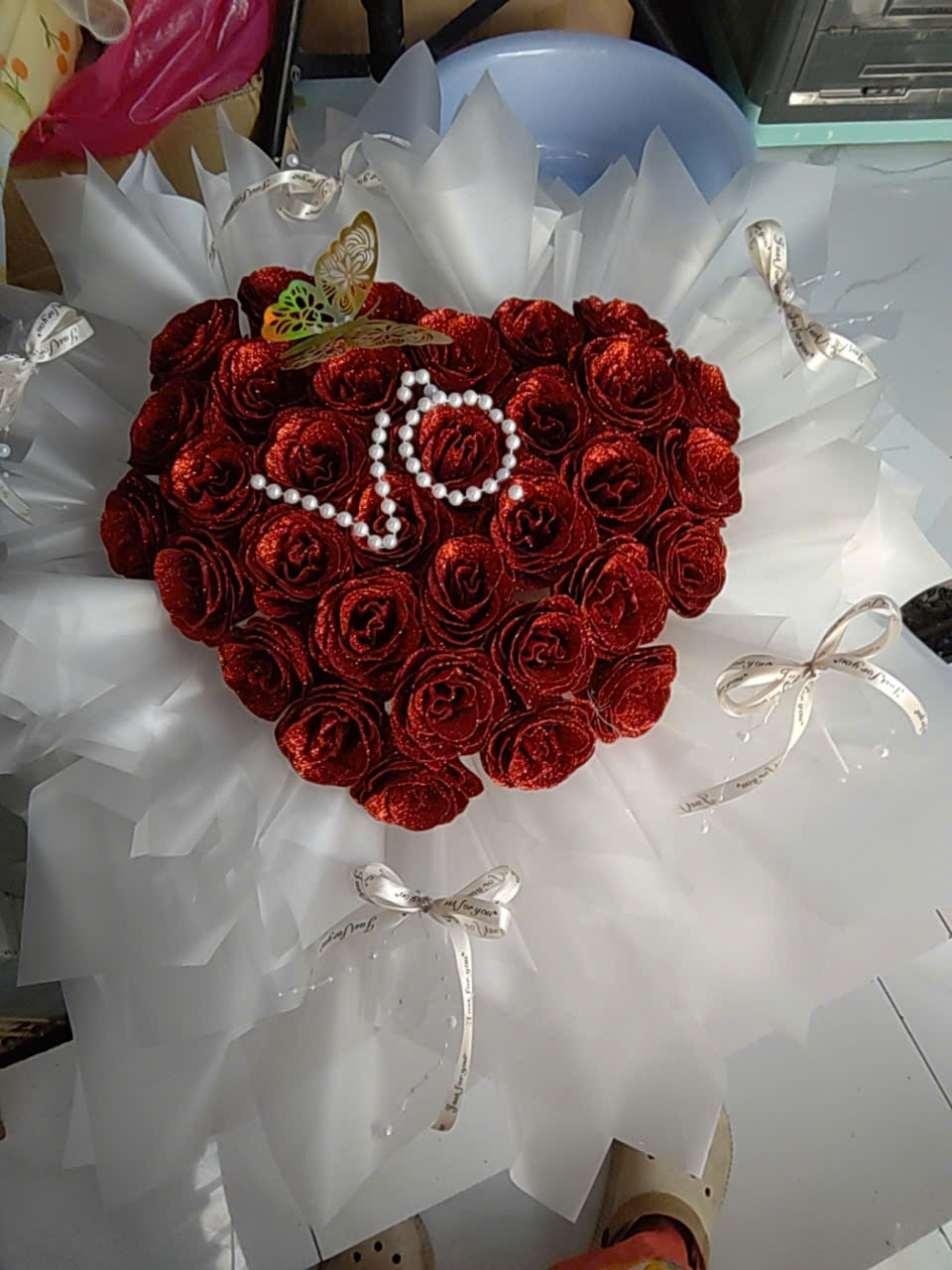 Bó Hoa Trái Tim Đỏ Nhũ XO Ngọc Trai